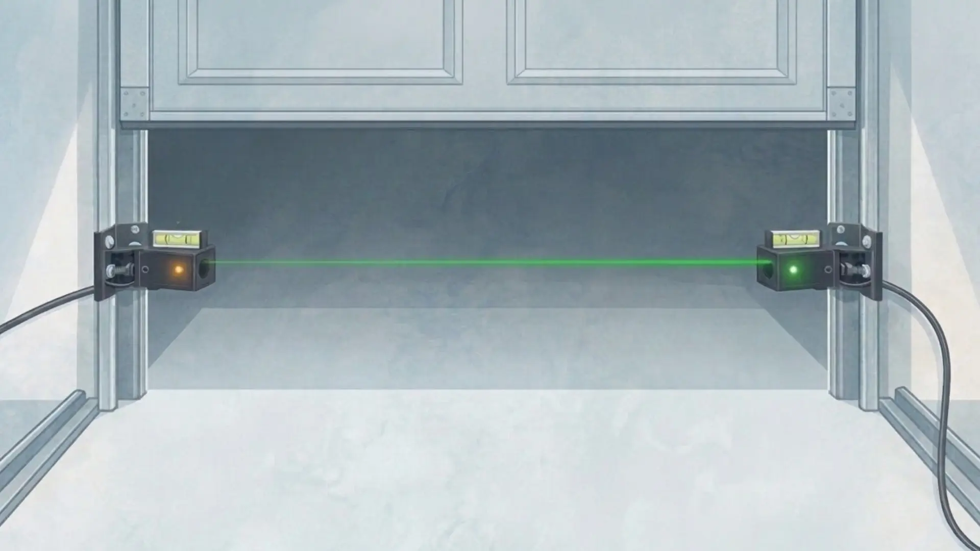 Garage door safety sensors aligned across doorway with green laser beam between sensors preventing door from closing when obstructed