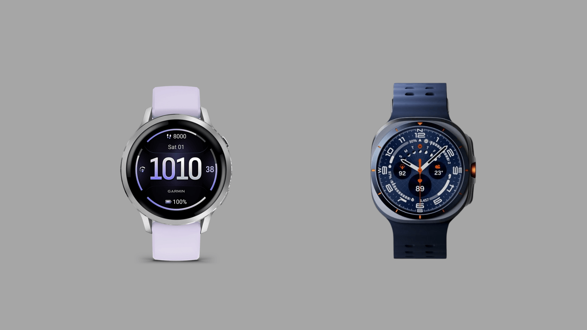 Garmin smartwatch with lavender strap beside Samsung Galaxy Watch with blue strap on a plain gray background.