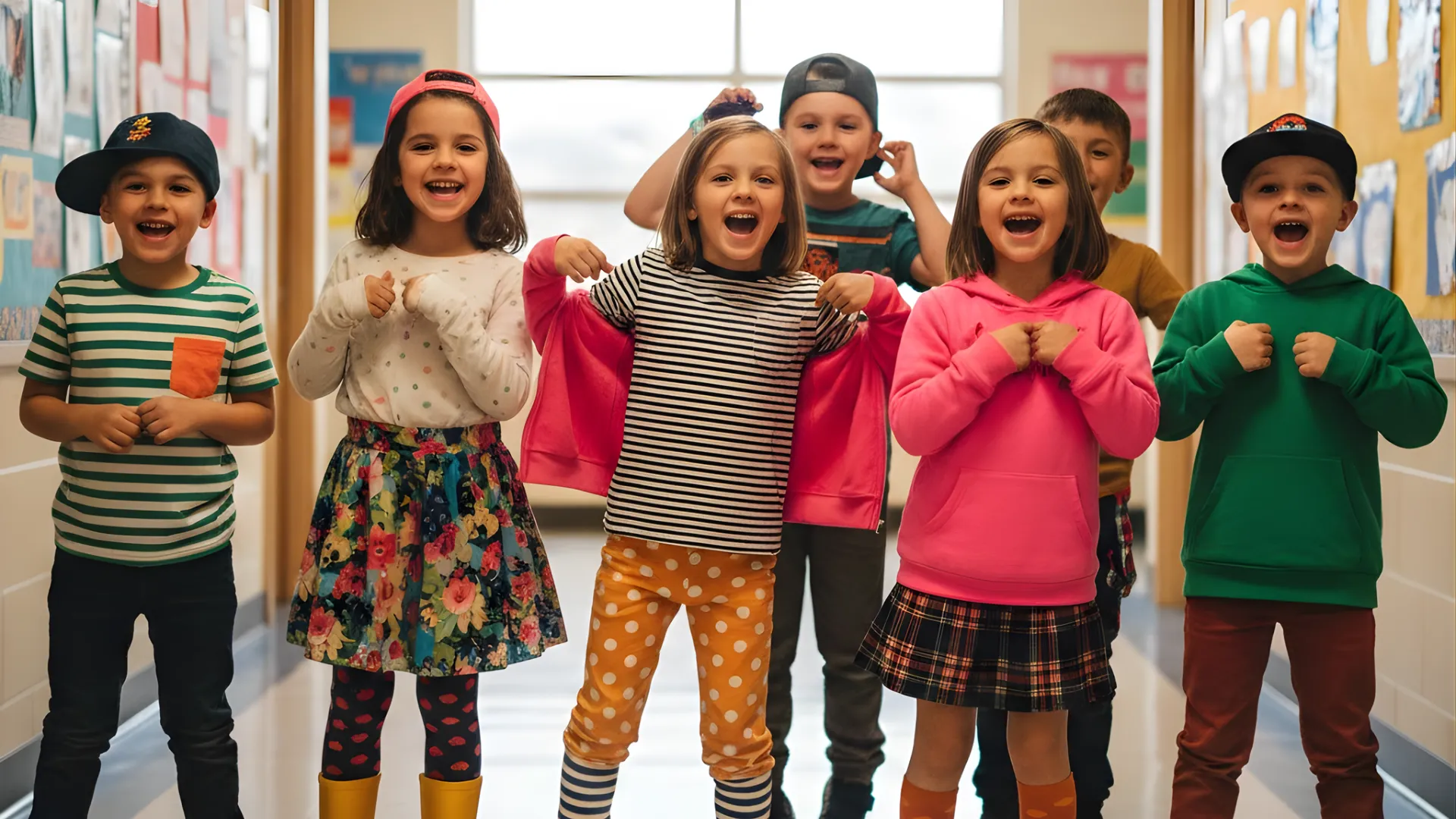 Group of children wearing mismatched colorful outfits and hats standing in school hallway for spirit day