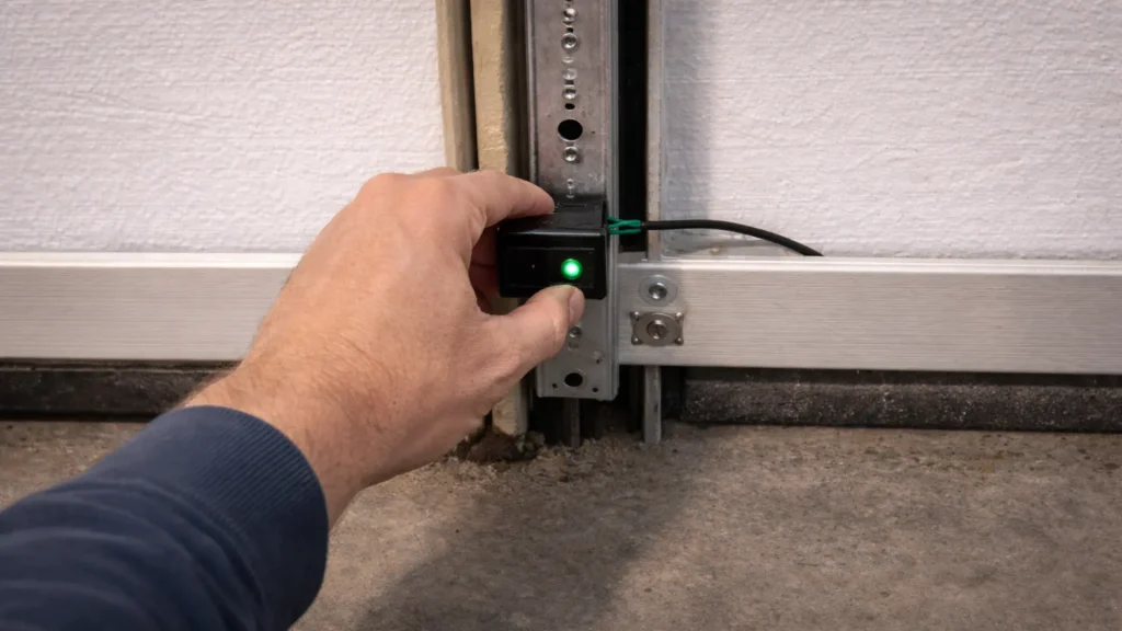 Hand aligning garage door safety sensor with green indicator light mounted near bottom of garage door track