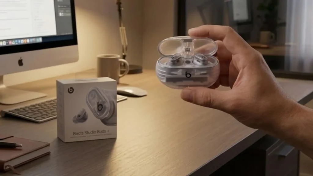 Hand holding Beats Studio Buds Plus in transparent charging case beside product box on desk with computer and keyboard workspace setup