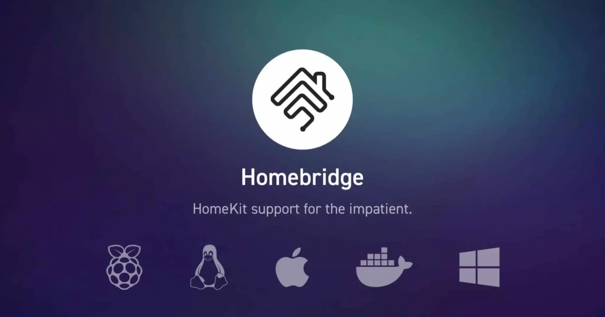 Homebridge dashboard showing HomeKit support with Raspberry Pi, Linux, macOS, Docker, and Windows compatibility icons