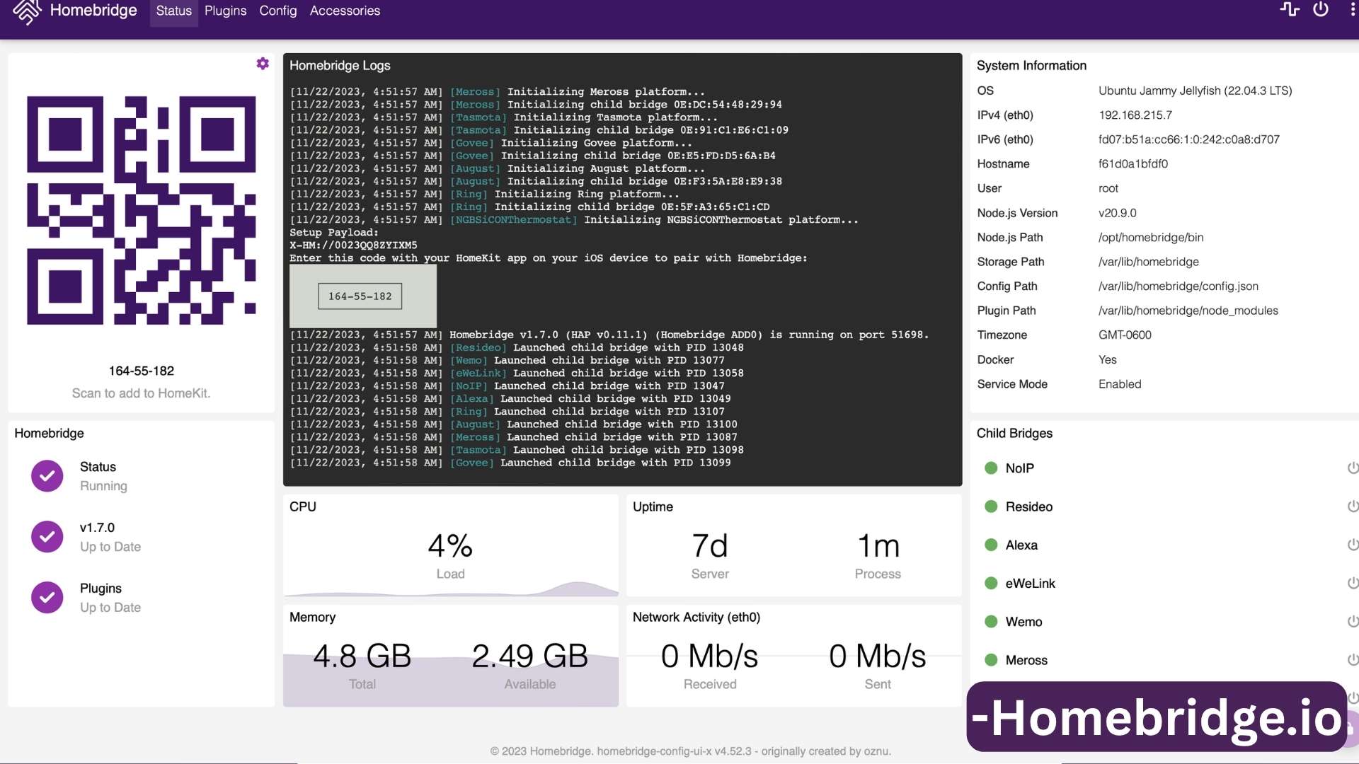 Homebridge dashboard showing QR code and setup code to connect Homebridge with Apple HomeKit on iOS