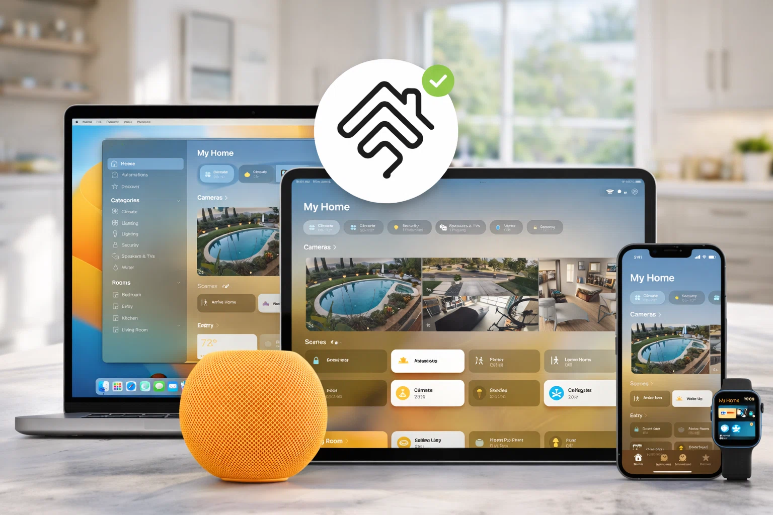 Homebridge with Apple HomeKit dashboard on Mac, iPad, iPhone, and Apple Watch controlling smart home devices