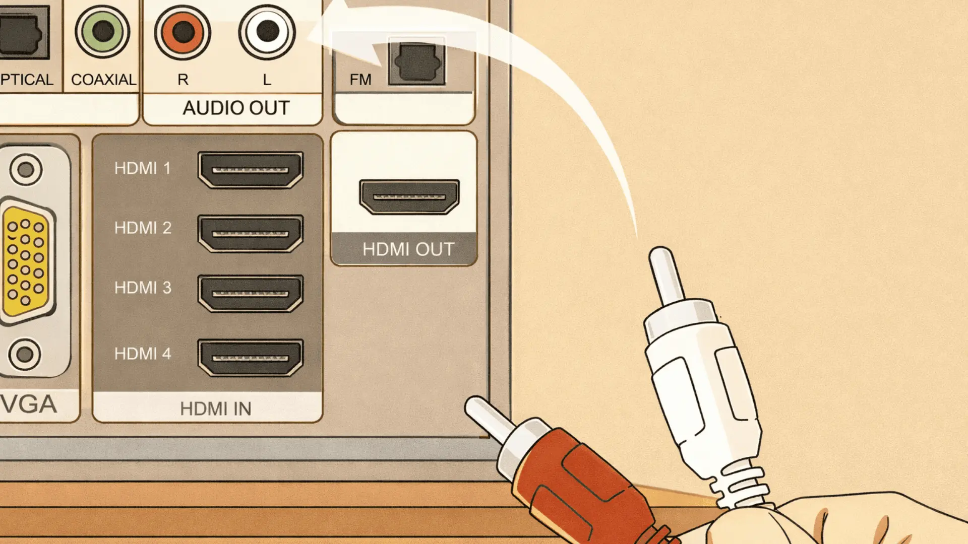 Illustration of TV audio output panel with HDMI, optical, and RCA ports as red and white cables are connected for soundbar setup