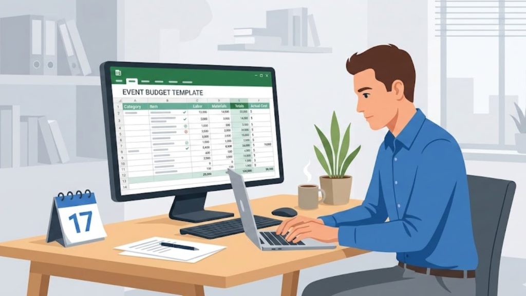 Illustration of an event budget planning workspace a man sits beside the screen using a laptop while analyzing finances.