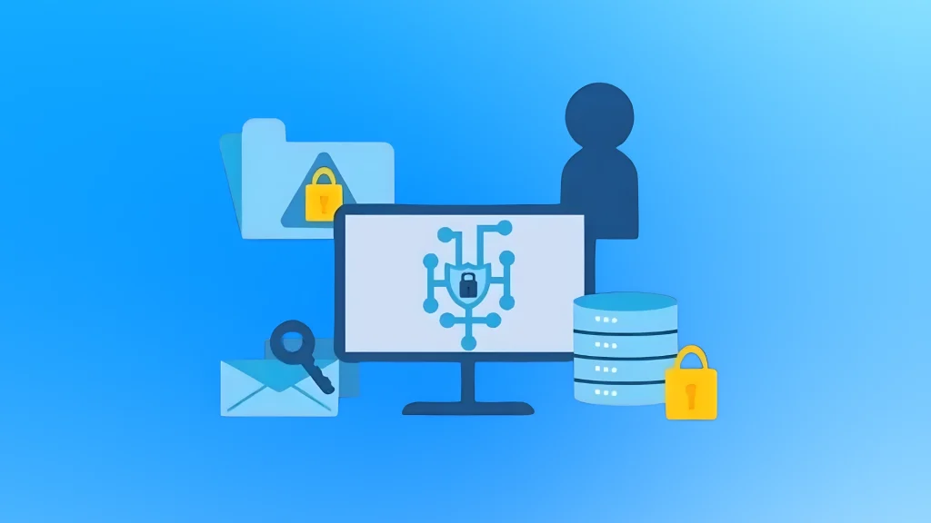 Illustration of data security with monitor, database, locked folders, key, and user icon representing DSPM protection system