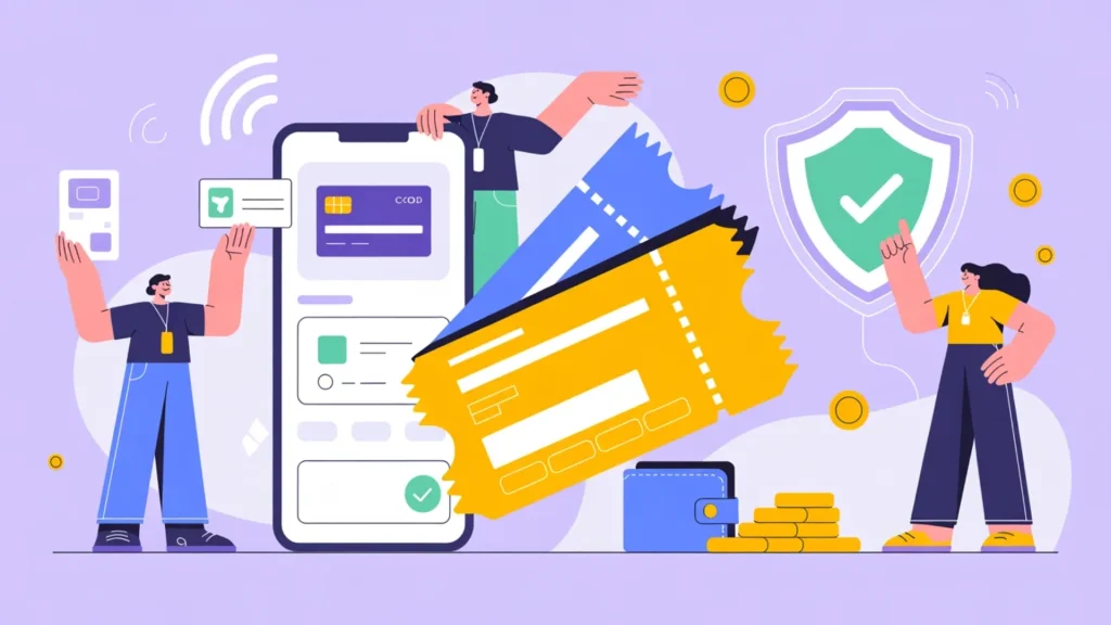 Illustration of mobile event ticket payment with credit card, digital tickets, security shield, wallet, and stacked coins