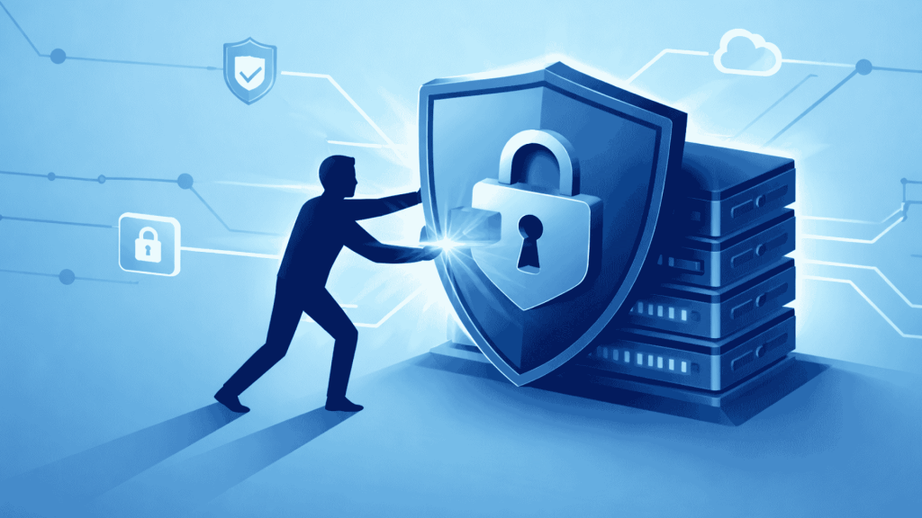 Illustration of person securing server stack with shield lock representing network protection and cybersecurity systems