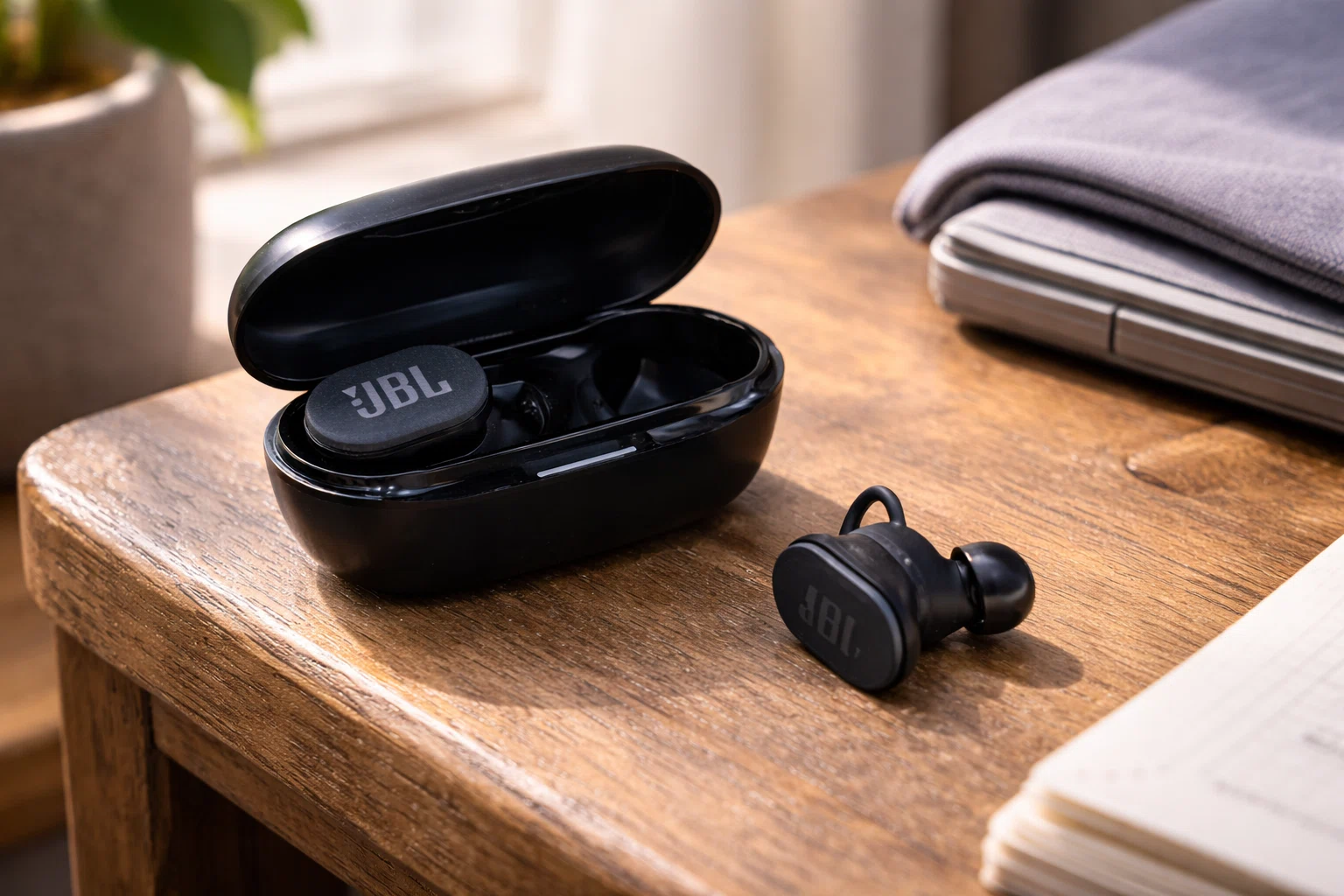 JBL Endurance Race 2 true wireless earbuds with open charging case on wooden table