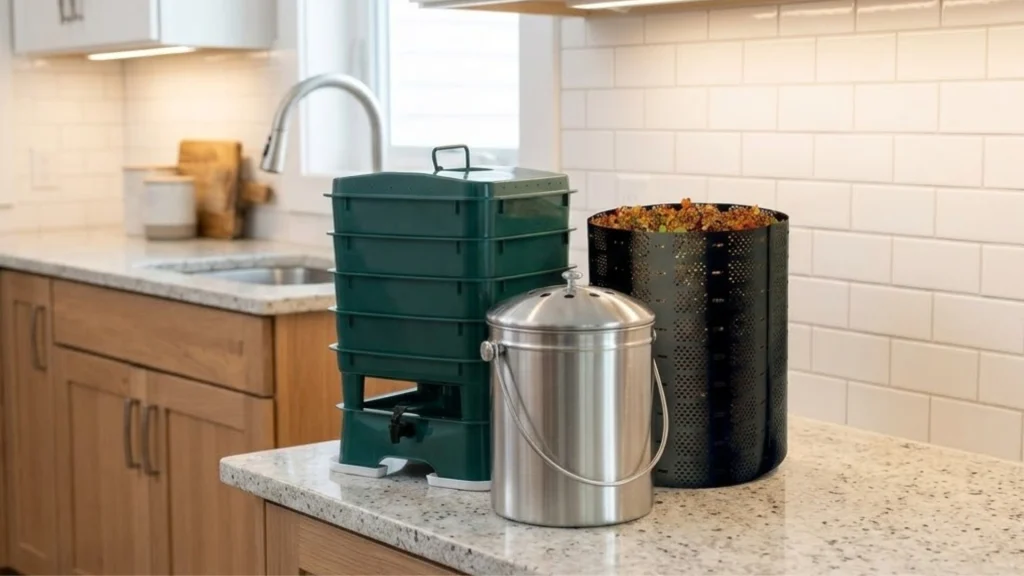 Kitchen countertop with indoor compost bins including stainless steel bin, worm bin, and perforated compost container setup