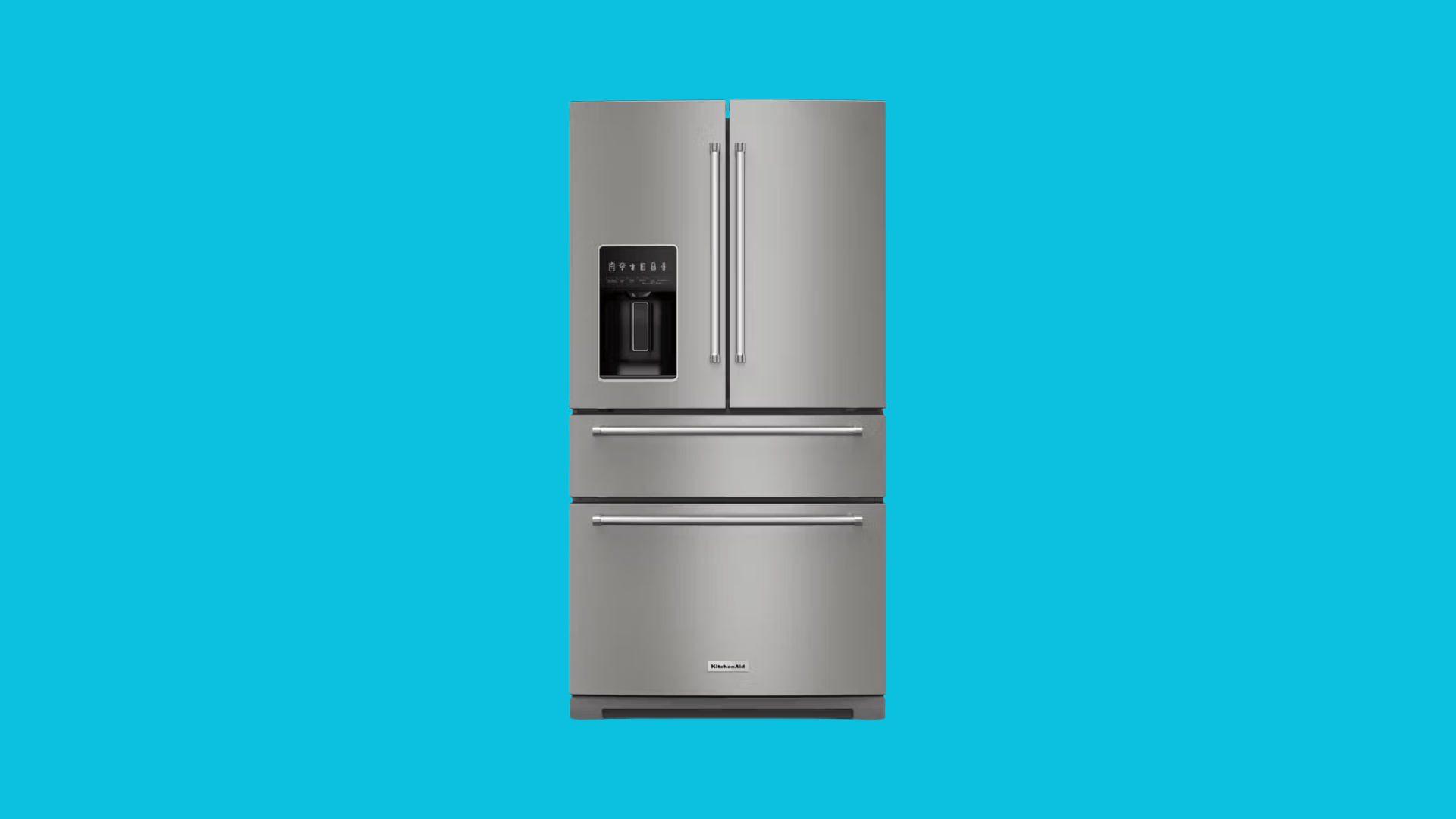 KitchenAid stainless steel French door refrigerator with dual freezer drawers and built in water dispenser