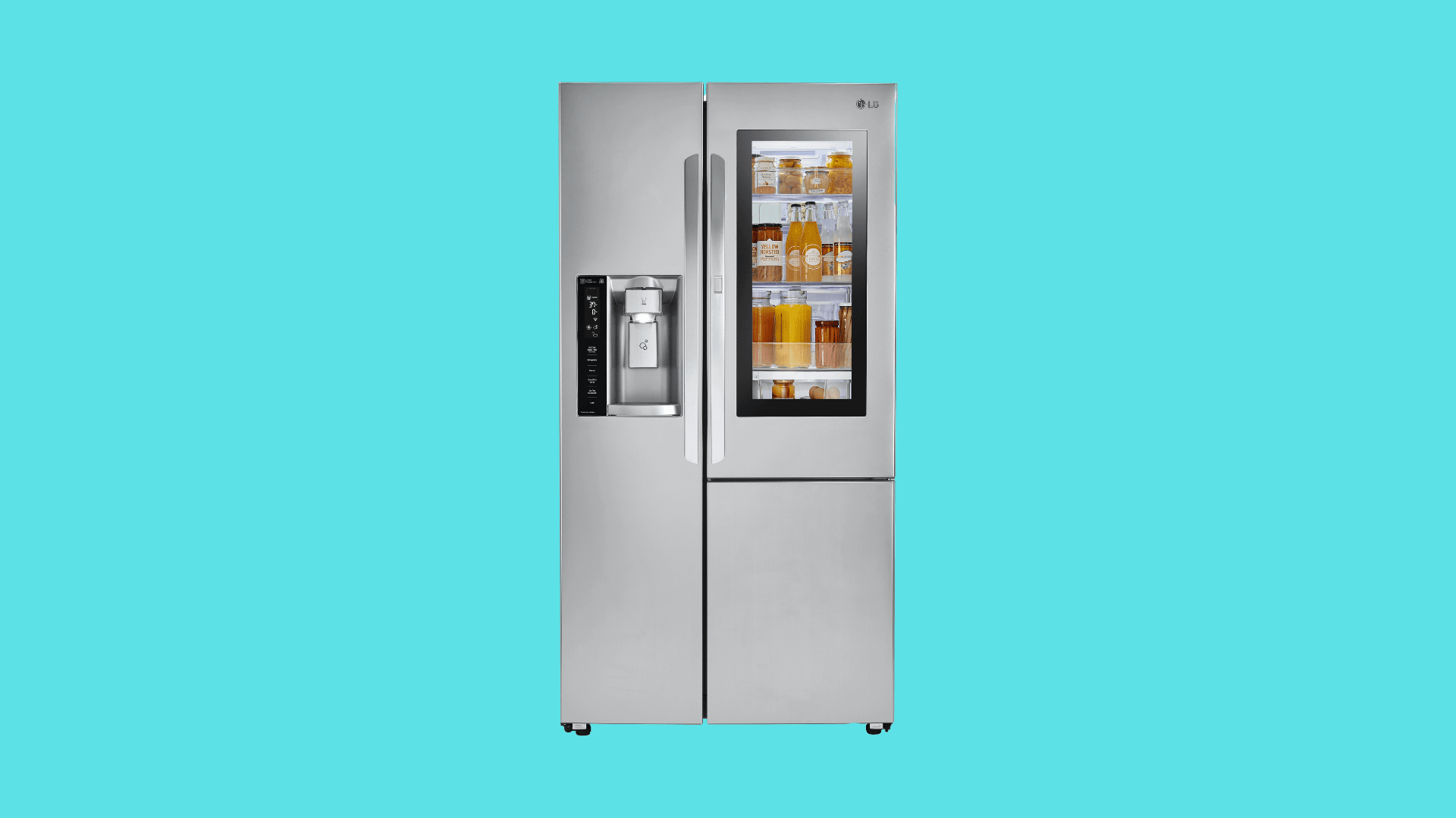 LG side by side refrigerator with InstaView glass panel, internal shelves visible, and built in water dispenser