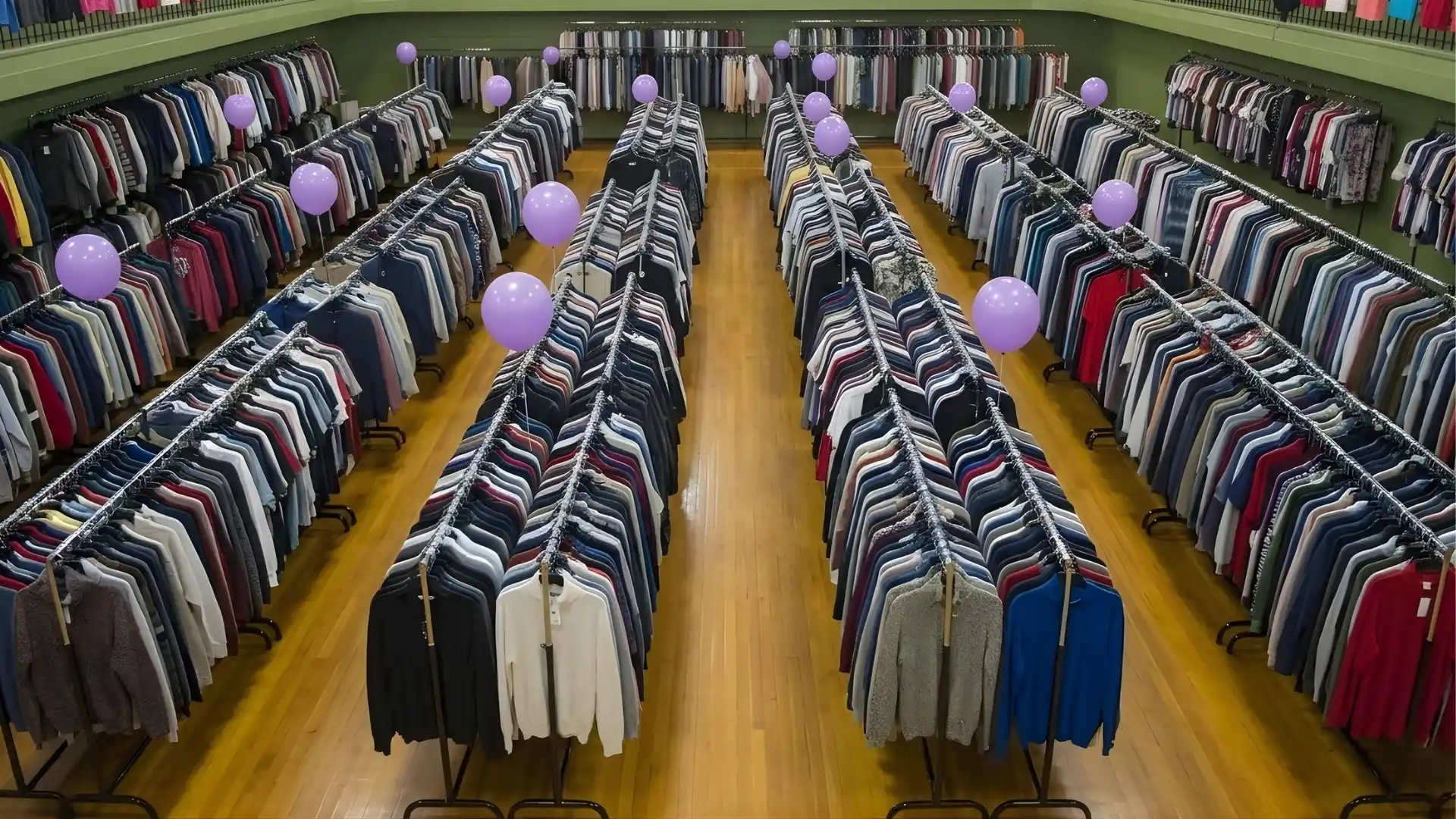 Large clothing store interior with long rows of shirt racks, colorful T shirts on upper wall displays, and purple balloons
