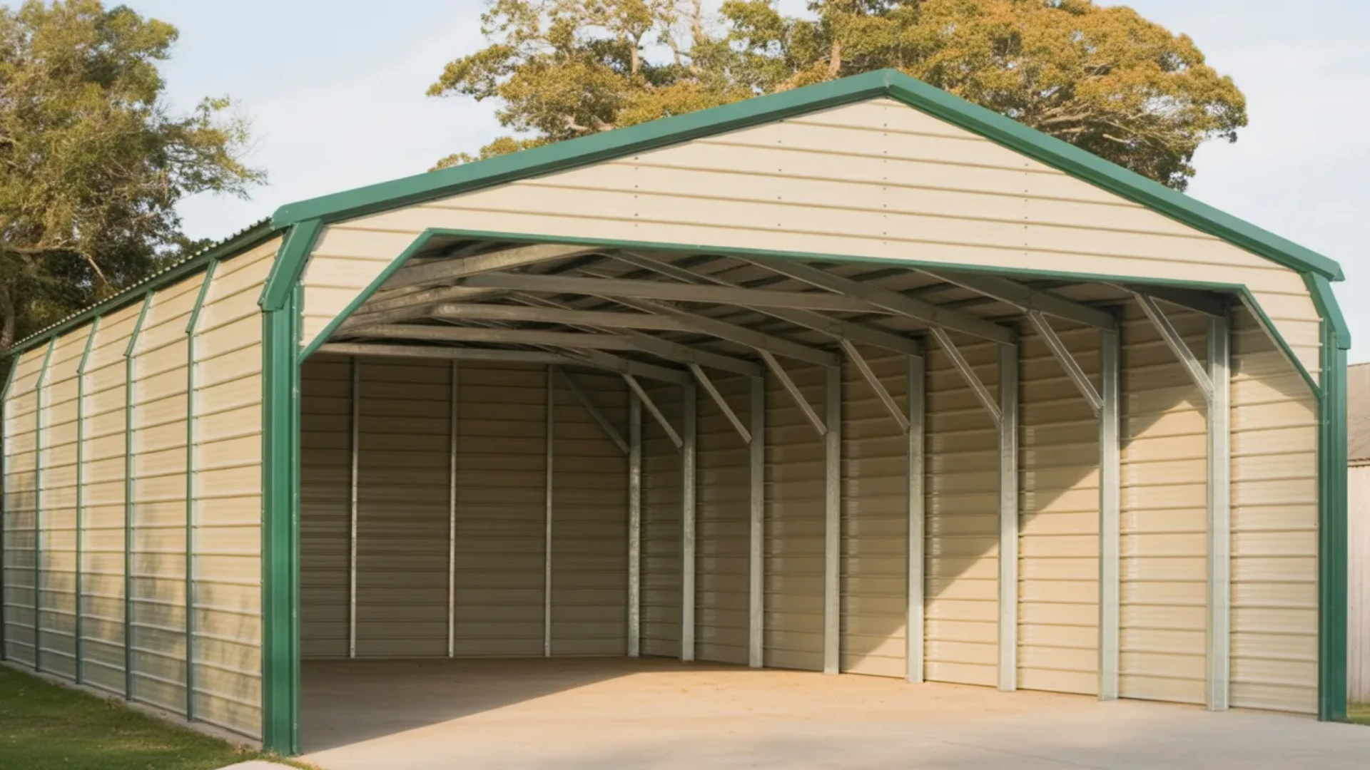 Large partially enclosed metal carport with green trim and open front on concrete slab in rural outdoor setting