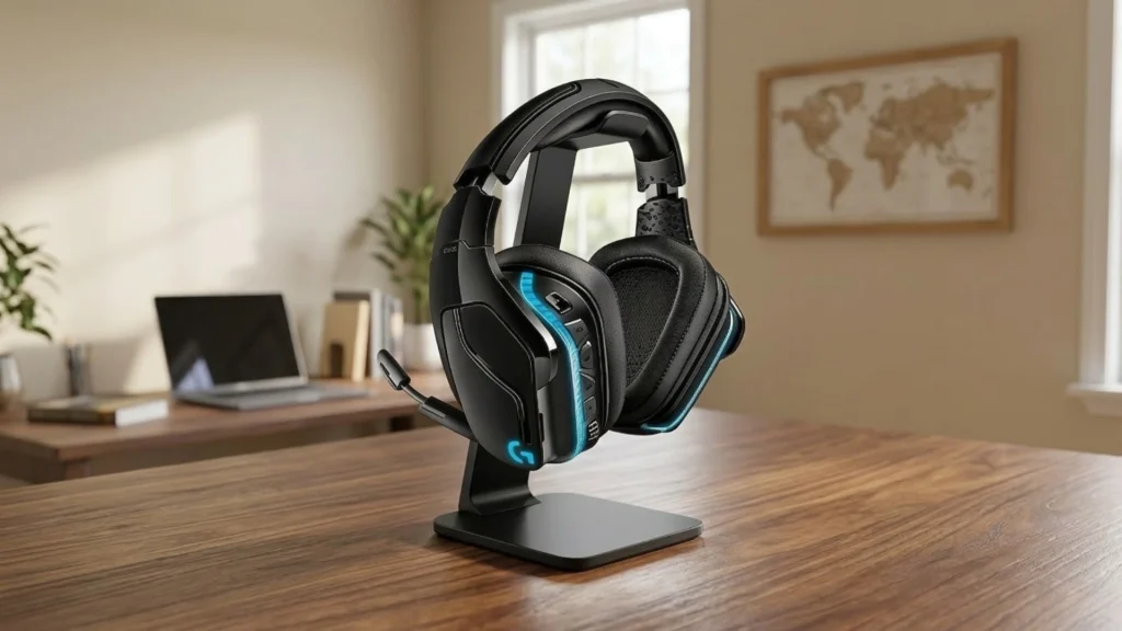 Logitech G935 wireless gaming headset on a stand with RGB lighting and boom mic placed on wooden desk in home office setup