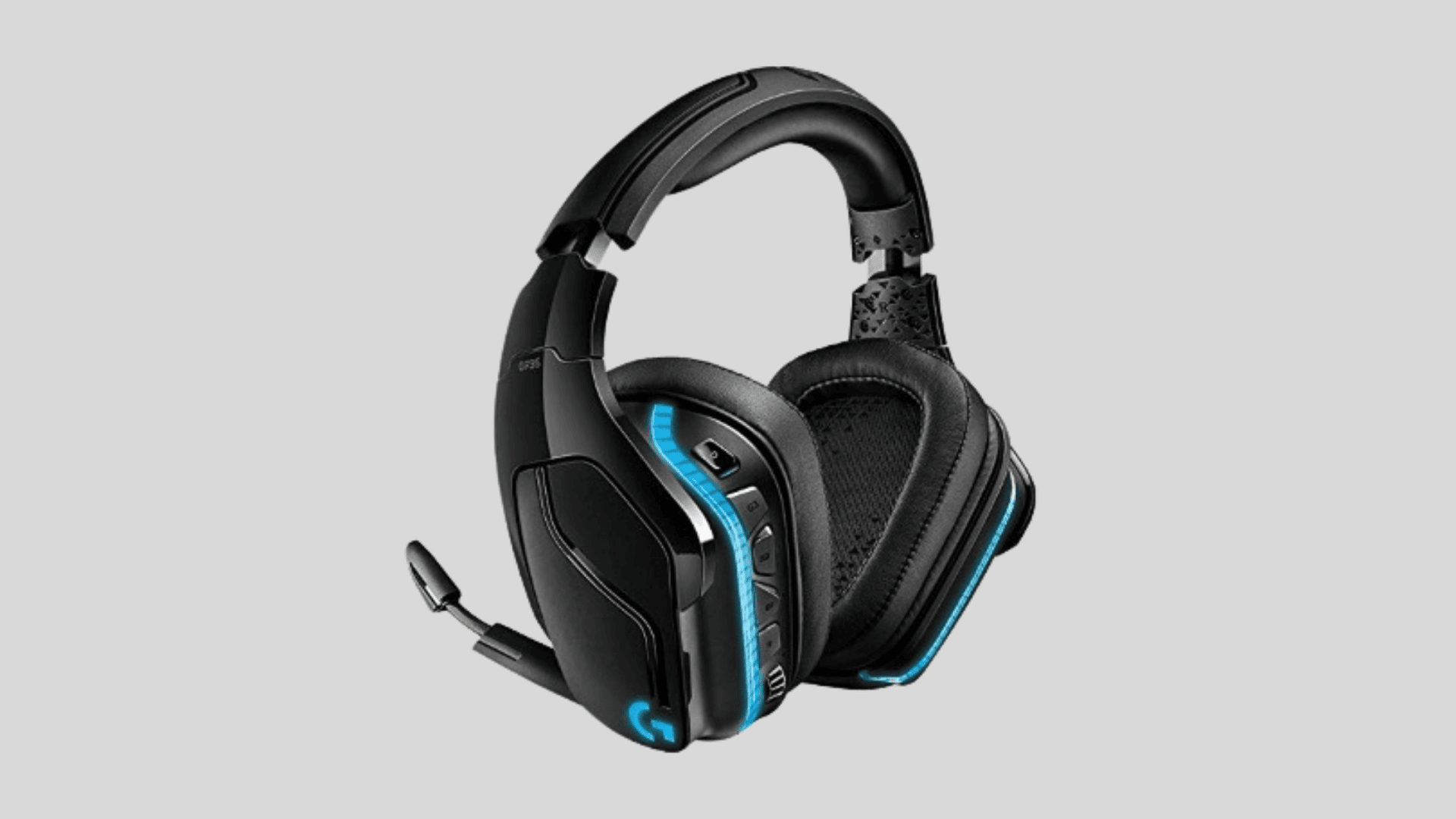 Logitech G935 wireless gaming headset with RGB lighting, over ear design and boom mic on black headset