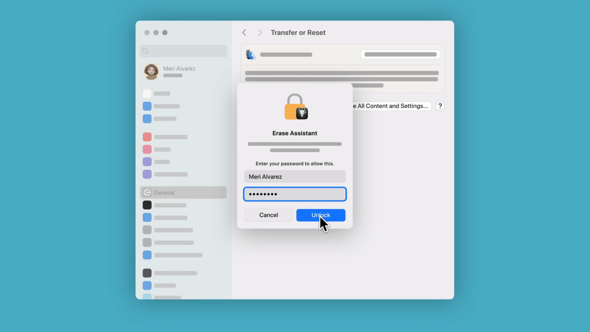 Mac Erase Assistant window prompting for administrator password to unlock and continue factory reset process on a MacBook system settings screen