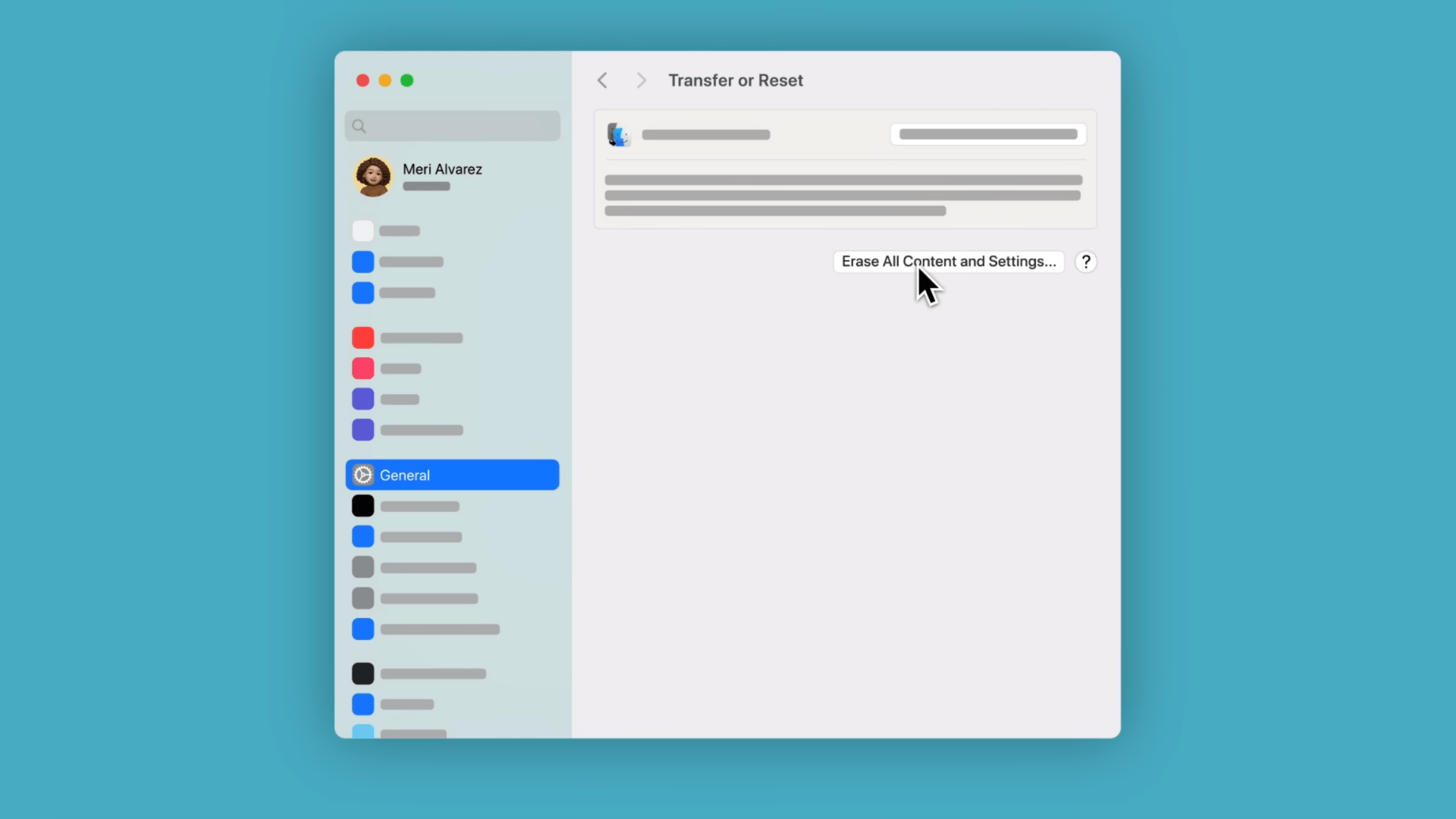 Mac System Settings Transfer or Reset menu showing Erase All Content and Settings option used to start factory reset on MacBook