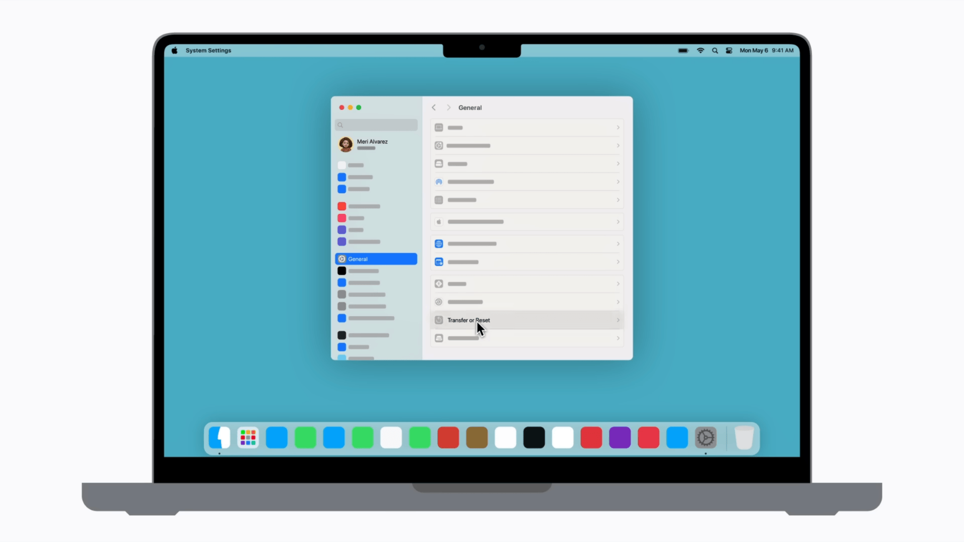 Mac System Settings screen showing General tab with Transfer or Reset option selected, used when learning how to factory reset MacBook