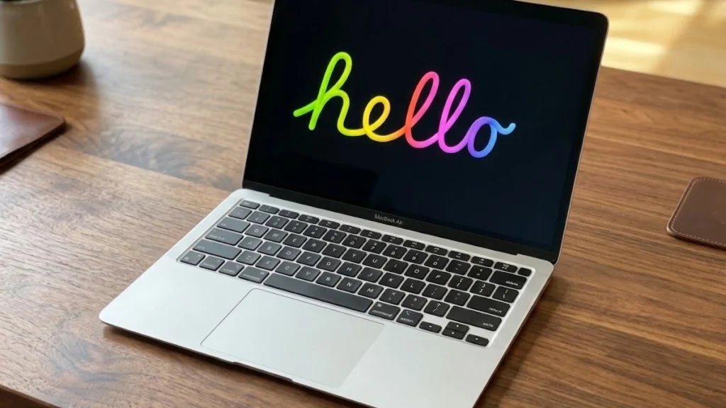 MacBook Air on wooden desk showing colorful Hello setup screen after factory reset, indicating fresh macOS setup ready for new user