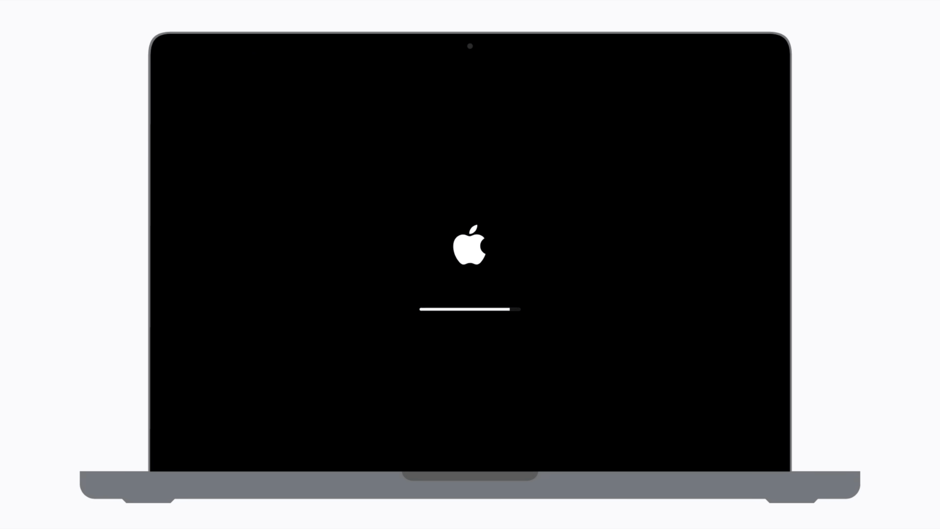 MacBook restart screen showing Apple logo and progress bar during factory reset process while macOS erases data and restores system settings