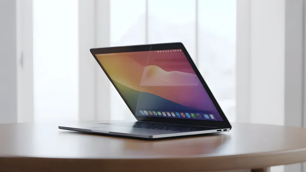 MacBook open on desk with display o , representing active mode without sleep enabled