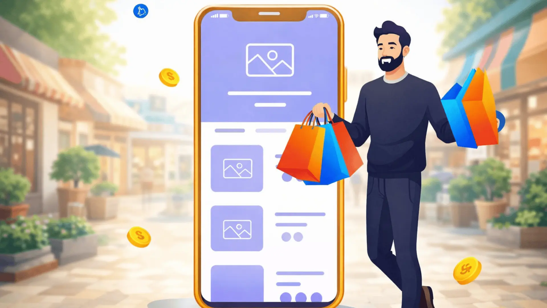Man holding shopping bags beside mobile ecommerce app interface with floating coins and retail background