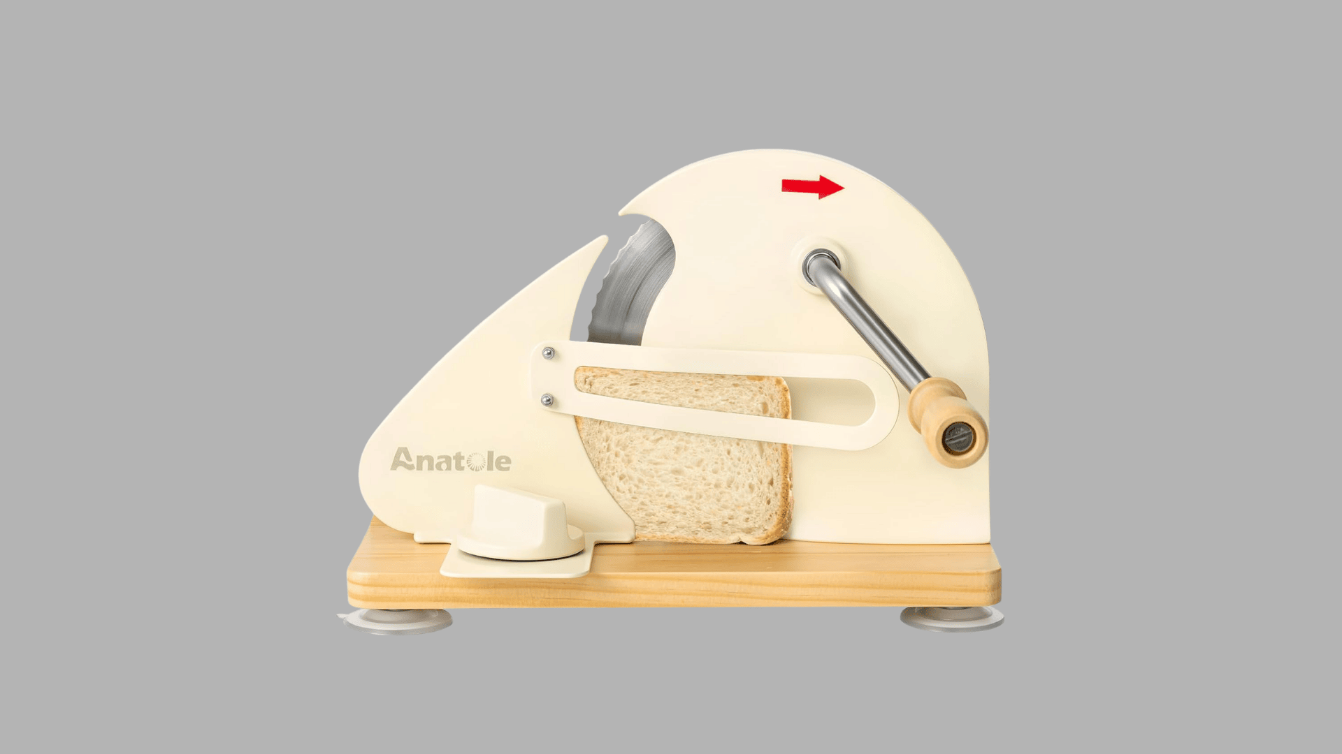 Manual bread slicer with adjustable guide and hand crank blade for even homemade sandwich slices