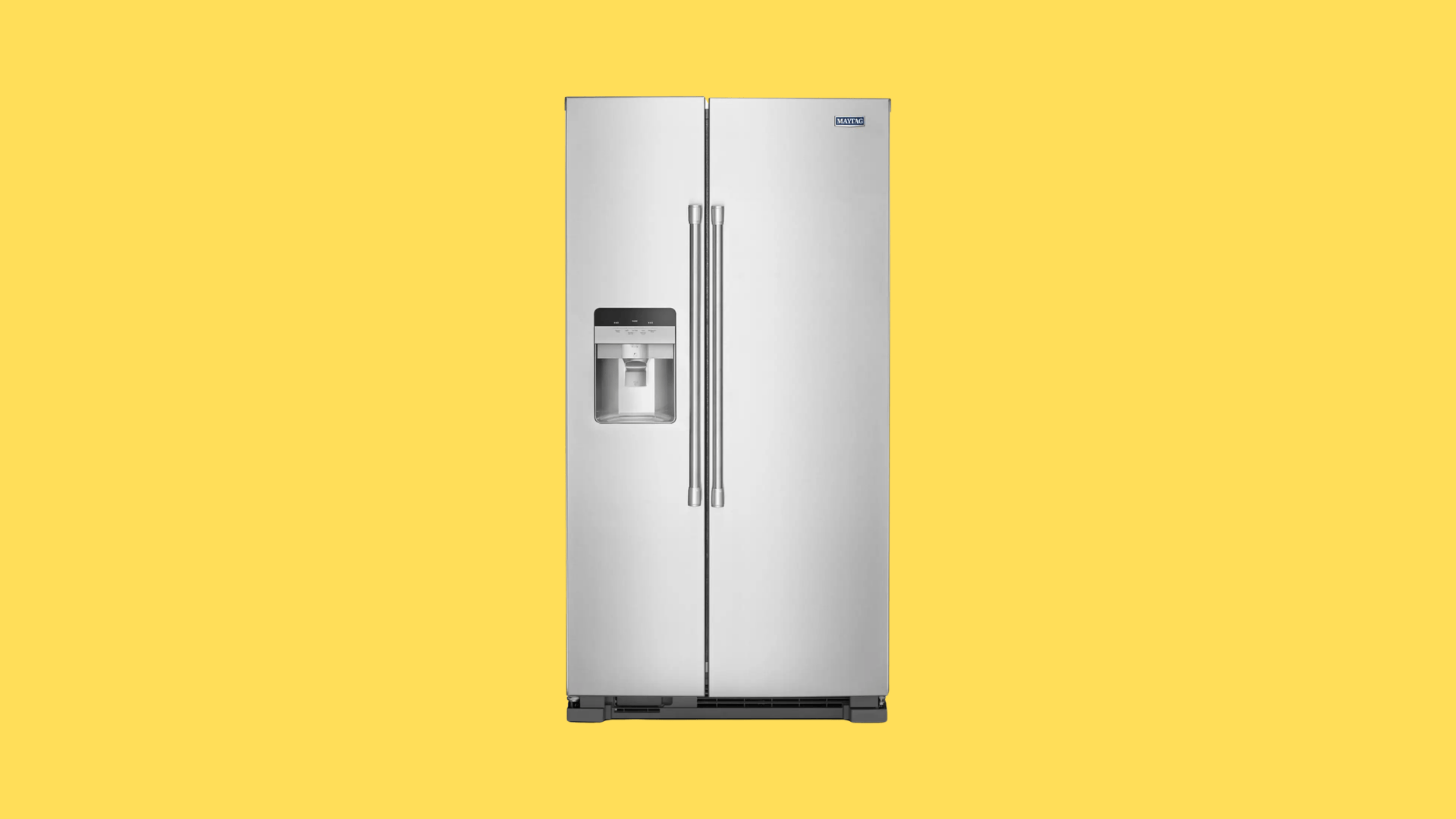 Maytag side by side refrigerator with stainless steel finish, dual doors, and built in ice and water dispenser