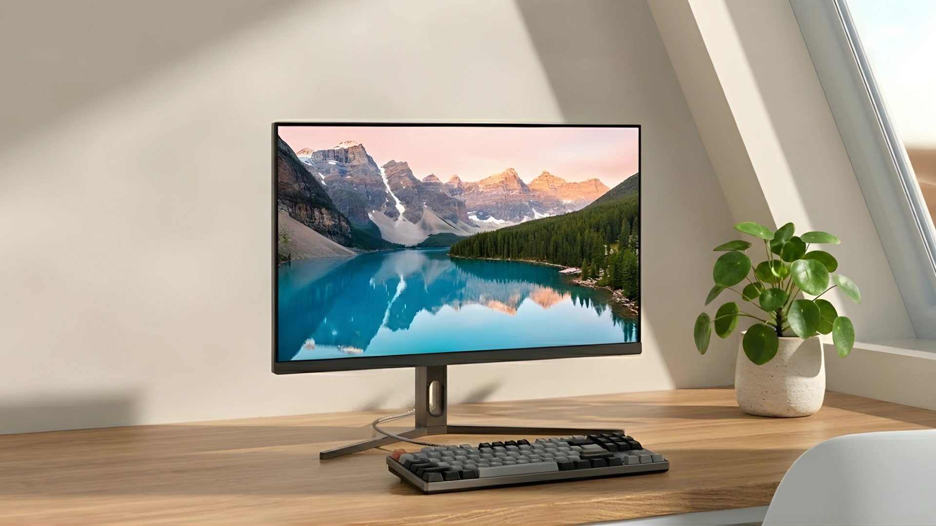 Minimal desk setup with slim monitor displaying mountain lake scene, wooden desk, compact keyboard, potted plant, and bright window light