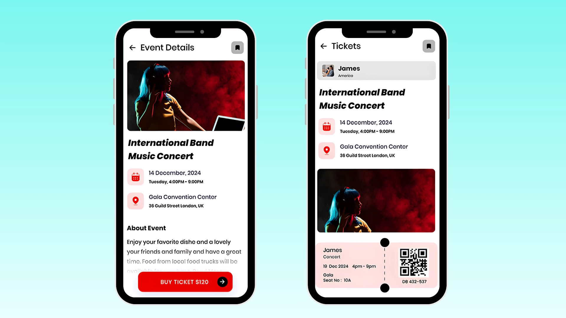 Mobile event ticketing app screens showing concert details, buy ticket button, and digital QR code ticket for entry access