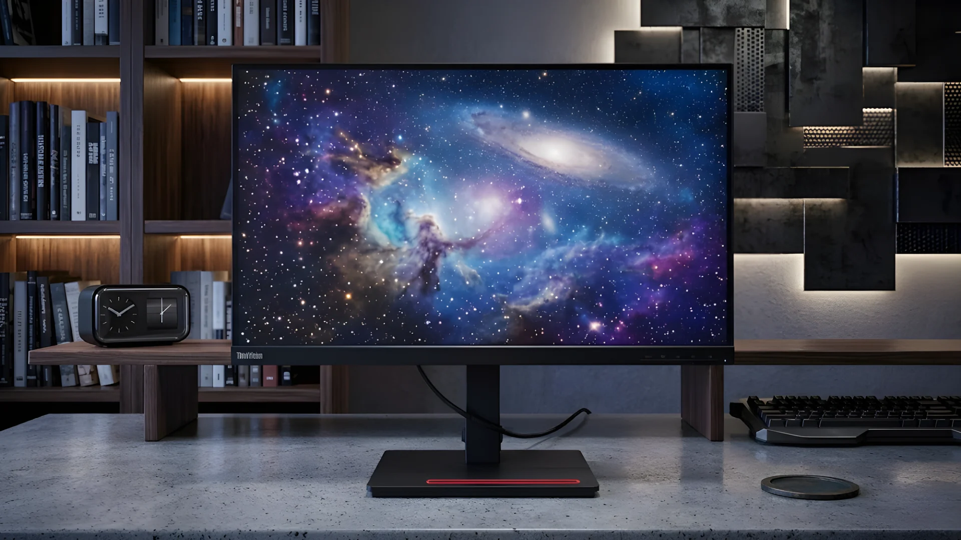 Modern desk setup with widescreen monitor displaying galaxy and nebula scene, bookshelf background, keyboard, clock, and soft wall lighting