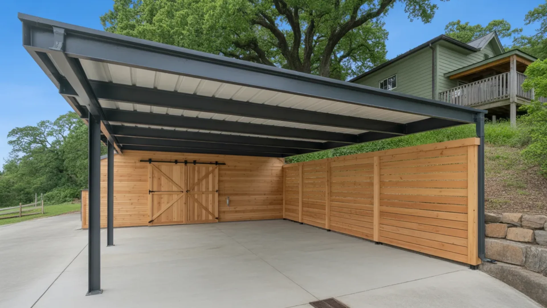 Modern detached metal carport with wooden side walls and barn doors on concrete driveway near hillside home