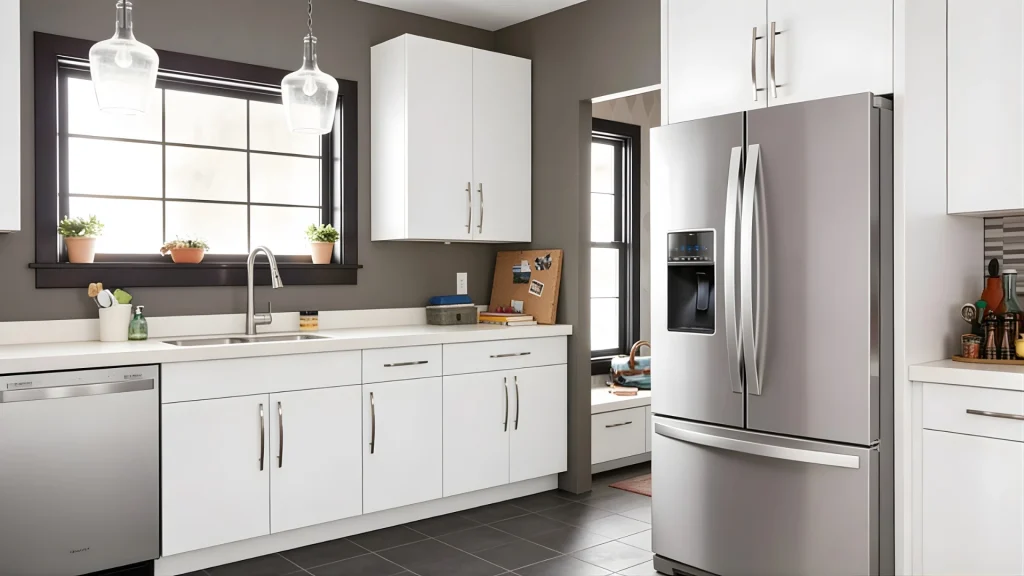 Modern kitchen with stainless steel French door refrigerator, white cabinets, large window, and built in water dispenser in a bright home interior