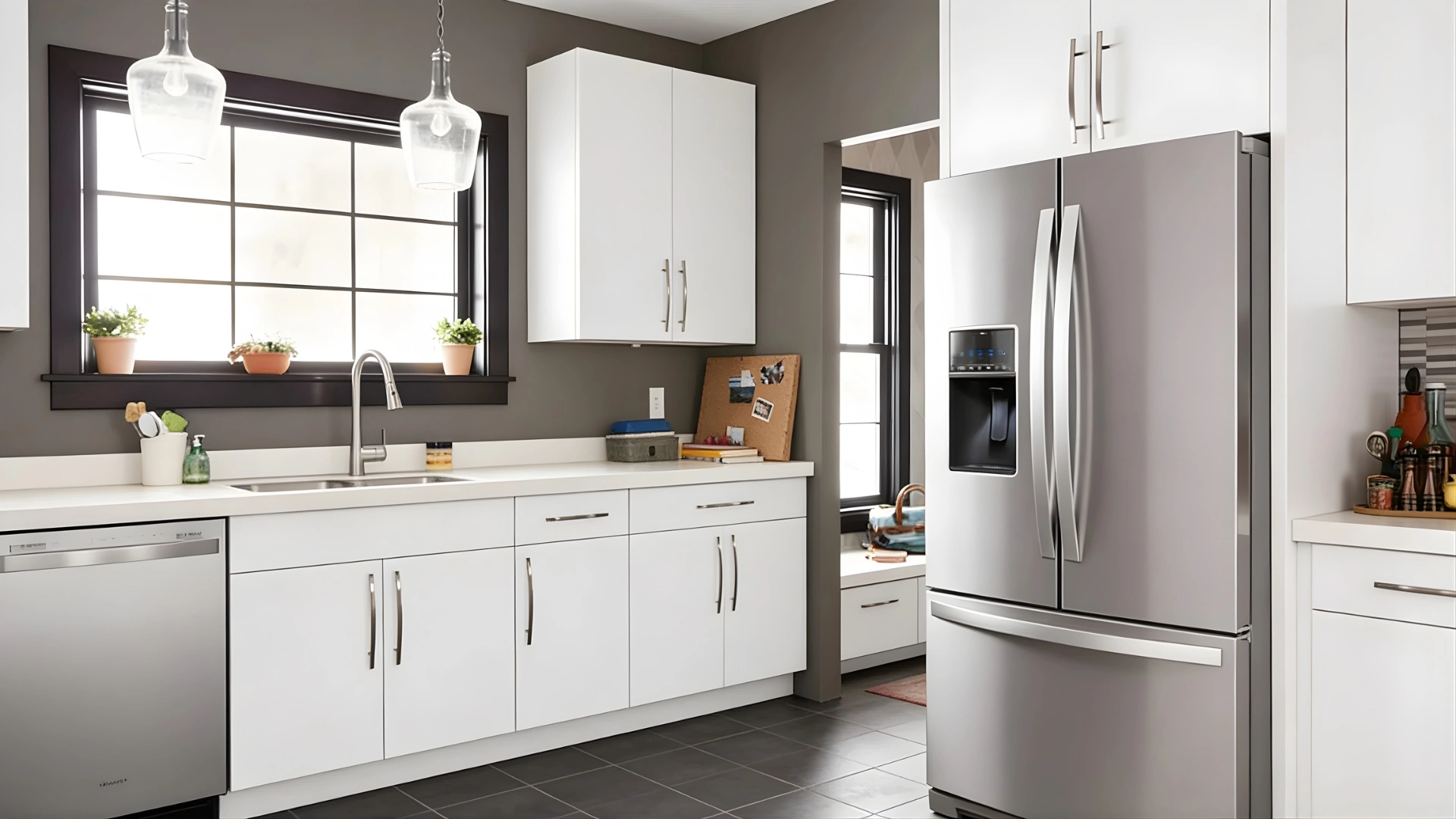 Modern kitchen with stainless steel French door refrigerator, white cabinets, large window, and built in water dispenser in a bright home interior