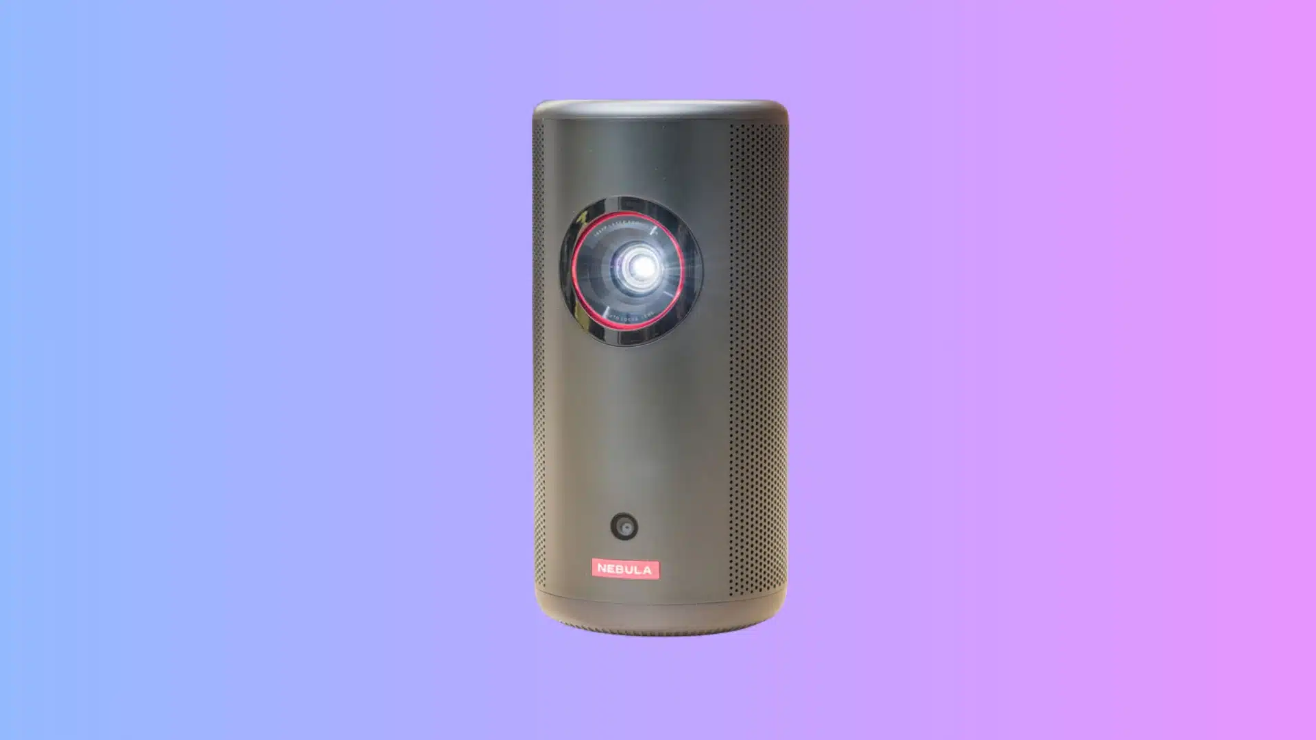 Nebula Capsule 3 with front lens and speaker grille on soft blue and purple gradient background