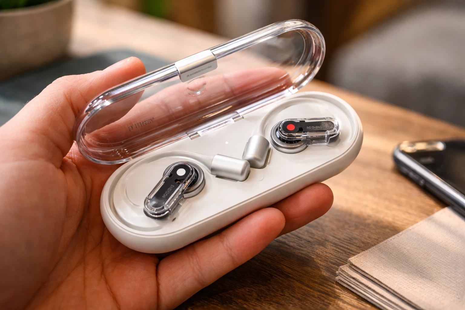 Nothing Ear Open wireless earbuds inside transparent charging case held in hand