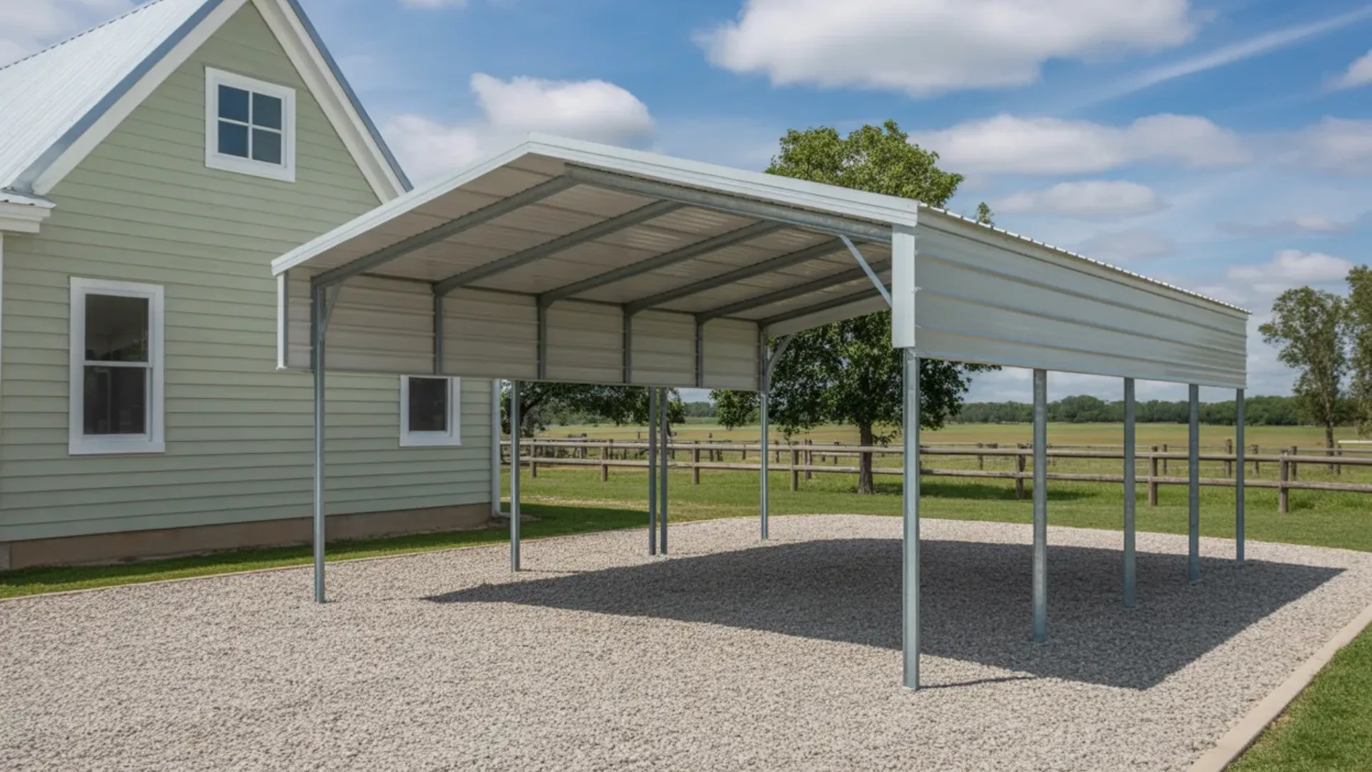Open-Sided metal carport on gravel driveway beside green house with open field and wooden fence in background