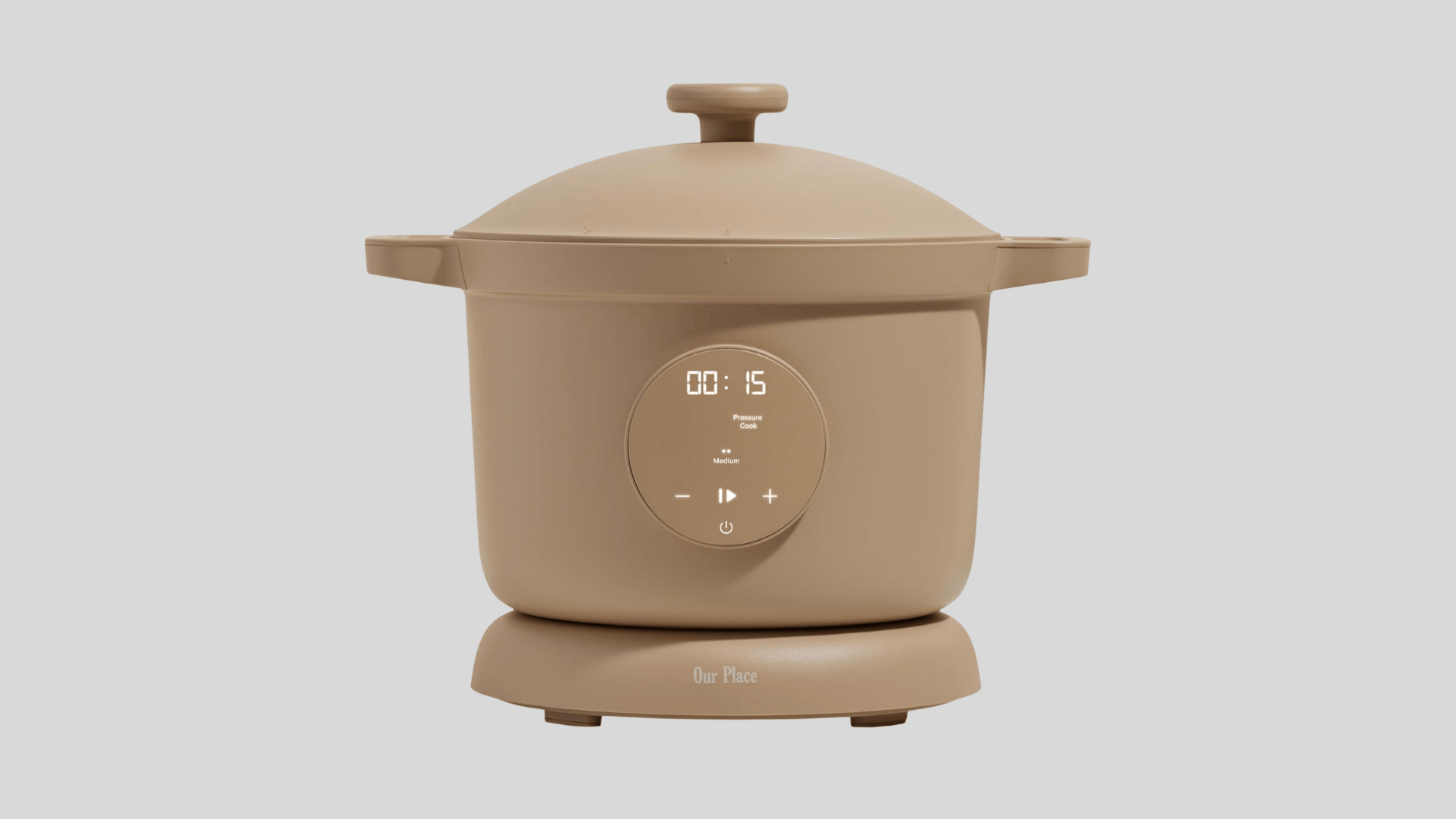 Our Place electric multi cooker with digital pressure cook display and minimalist beige design for modern kitchens