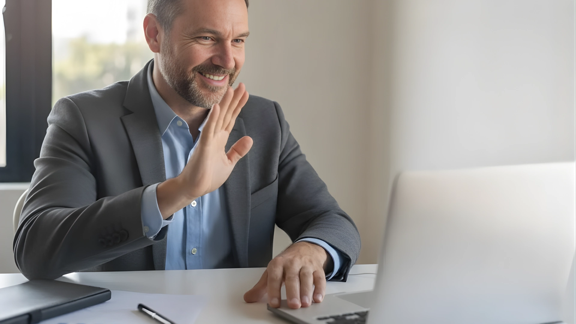 Peer-to-Peer Virtual Campaigns where businessman waving during video call at desk with laptop and documents in bright office