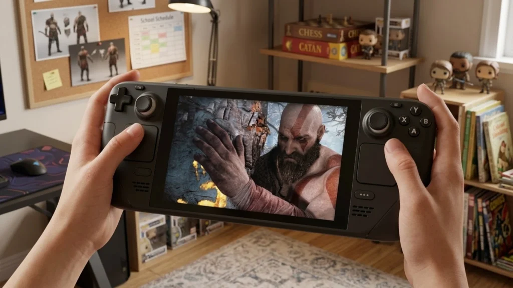 Person holding a Steam Deck and playing God of War in a cozy indoor gaming setup at home