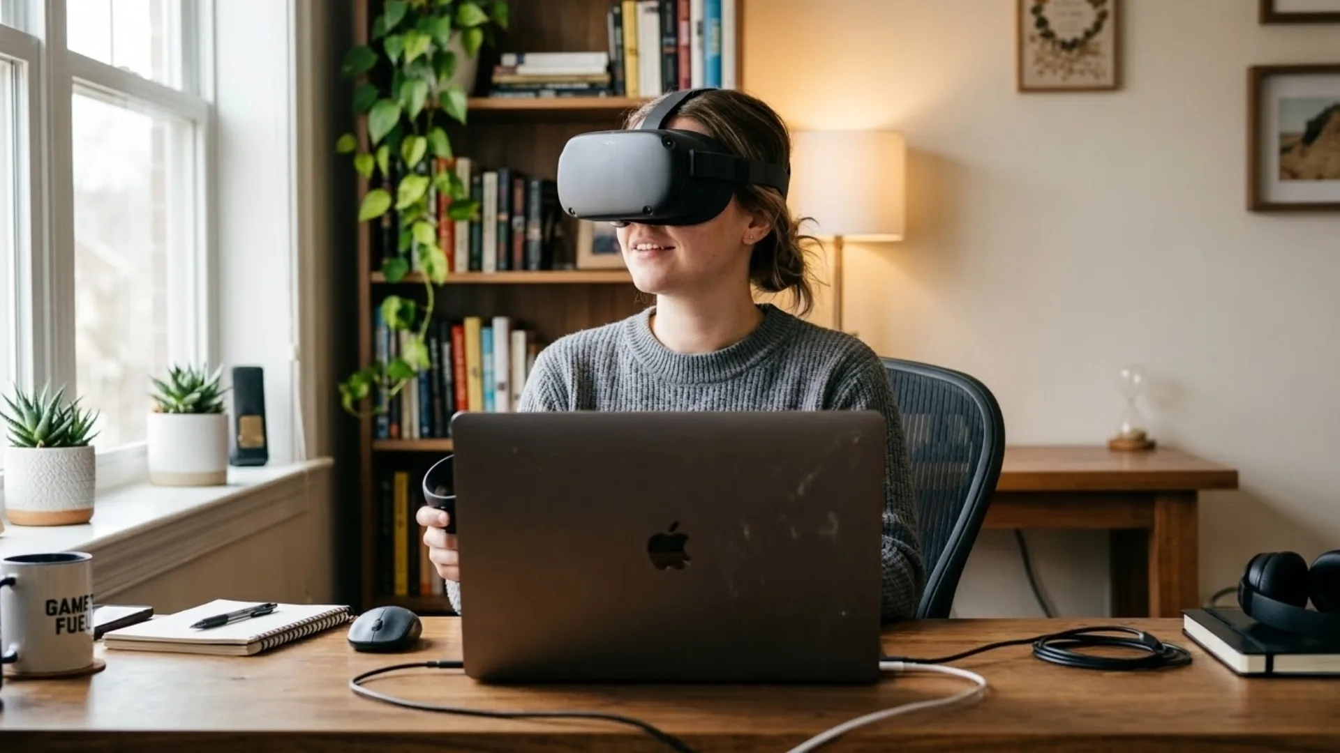 Person using virtual reality headset at desk with laptop, demonstrating immersive learning VR in a home study environment with books and workspace