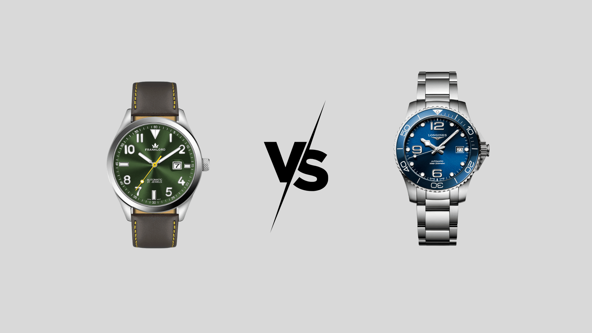 Quartz watch vs automatic watch comparison with two wristwatches side by side and VS symbol in center