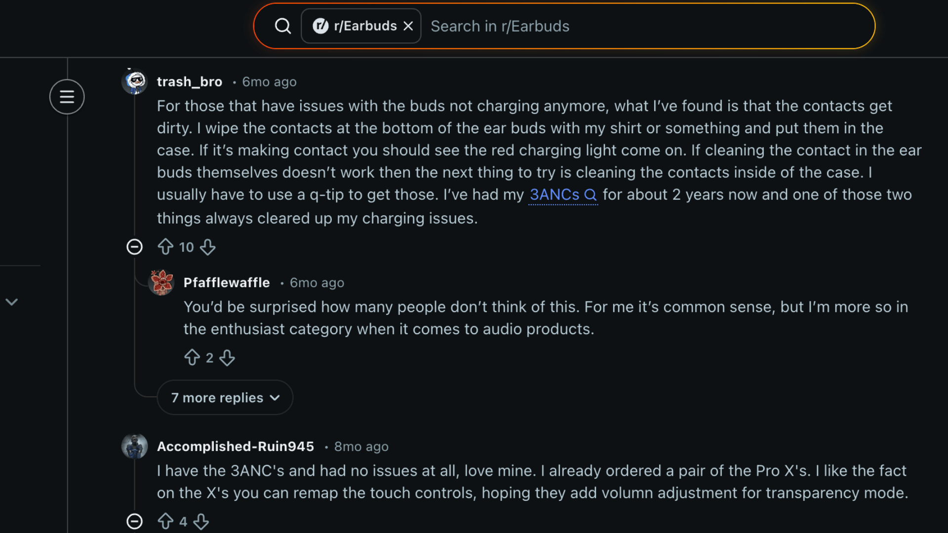 Reddit discussion page showing user comments and opinions about Status Pro X earbuds performance and buying decision
