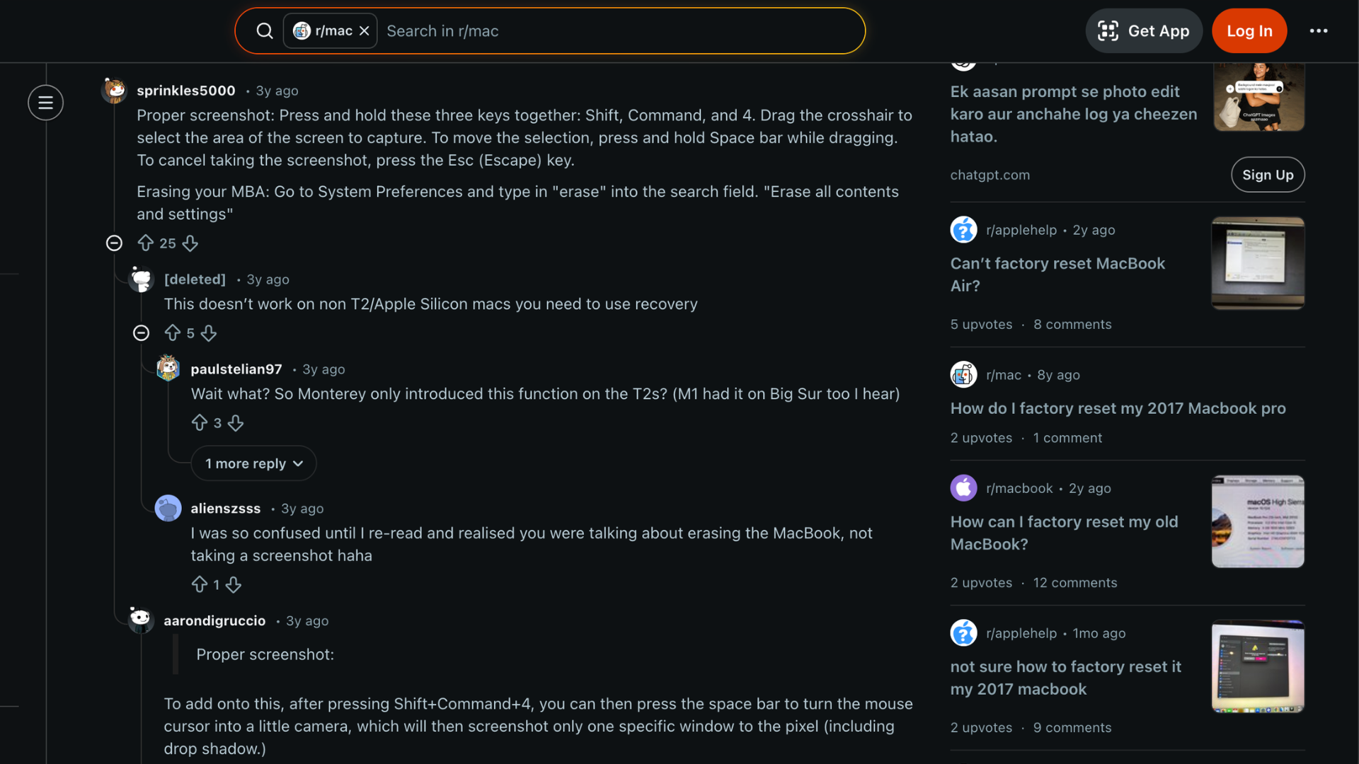 Reddit discussion page showing user tips and comments about how to factory reset MacBook Air with steps shared by community members