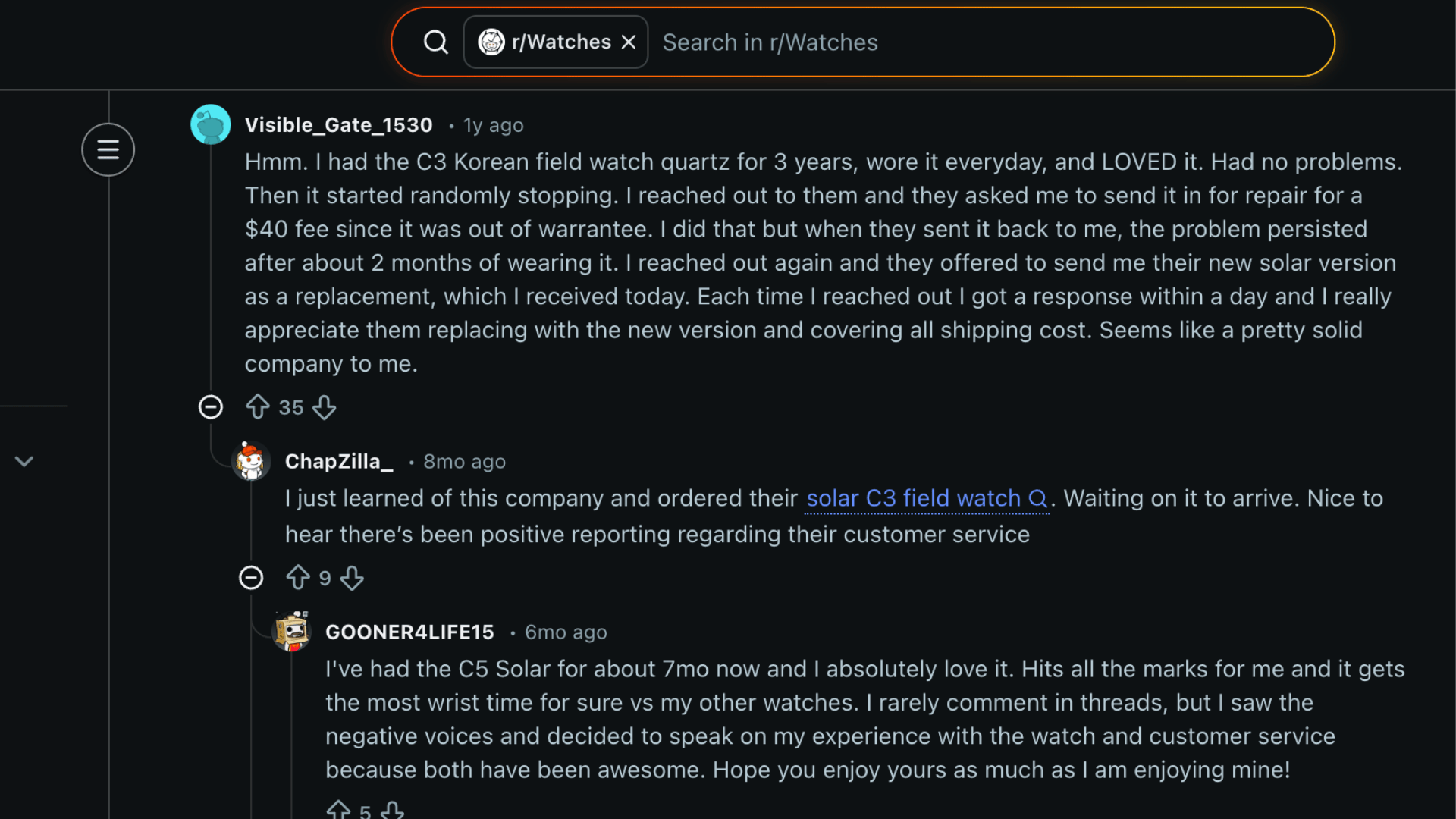 Reddit discussion showing user reviews and comments about Vaer watches and customer service in community thread