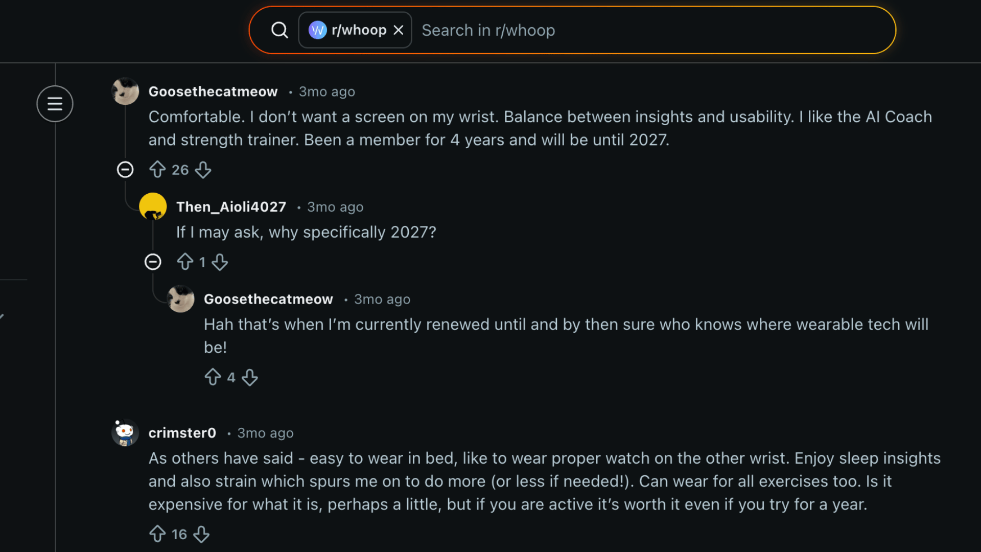 Reddit discussion showing user reviews and experiences with the WHOOP fitness tracker and band features community page