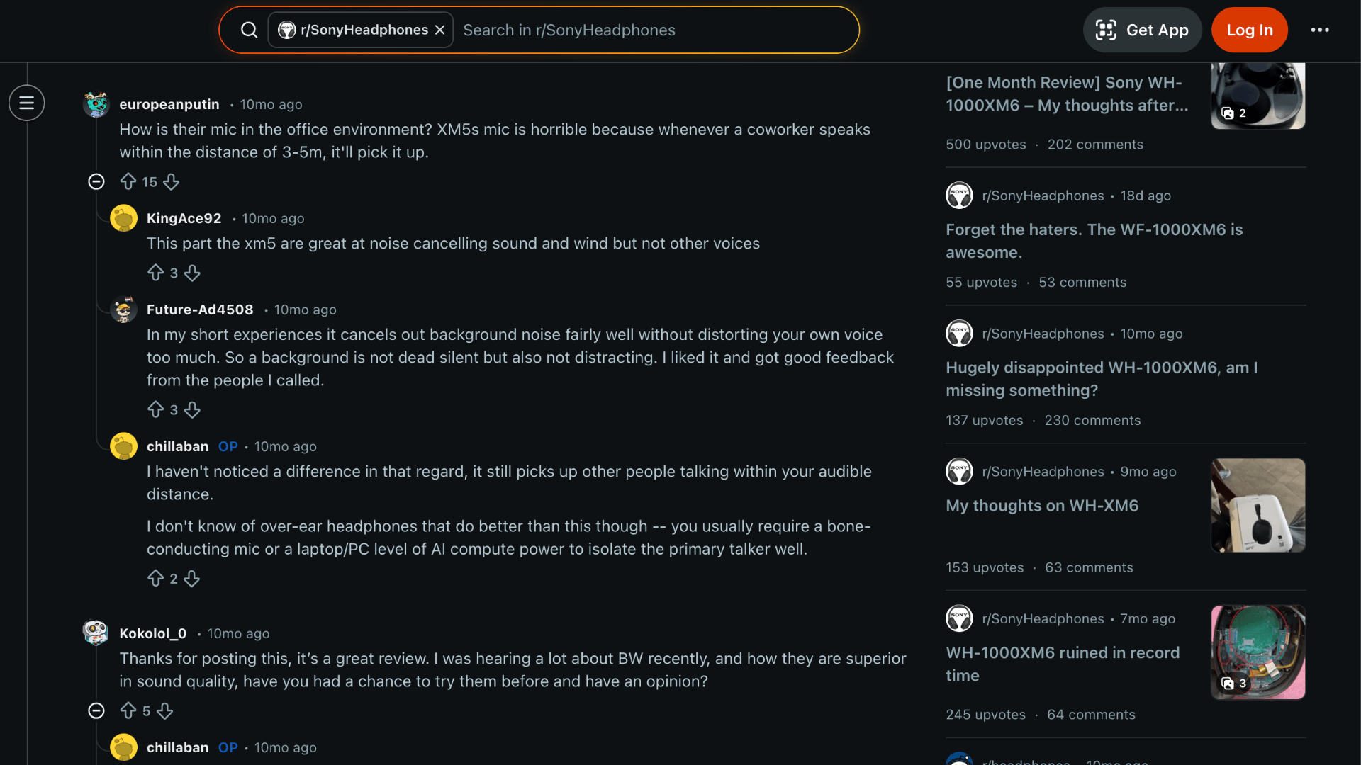 Reddit discussion thread showing user reviews and comments about Sony WH-1000XM6 headphones and their noise cancellation experience