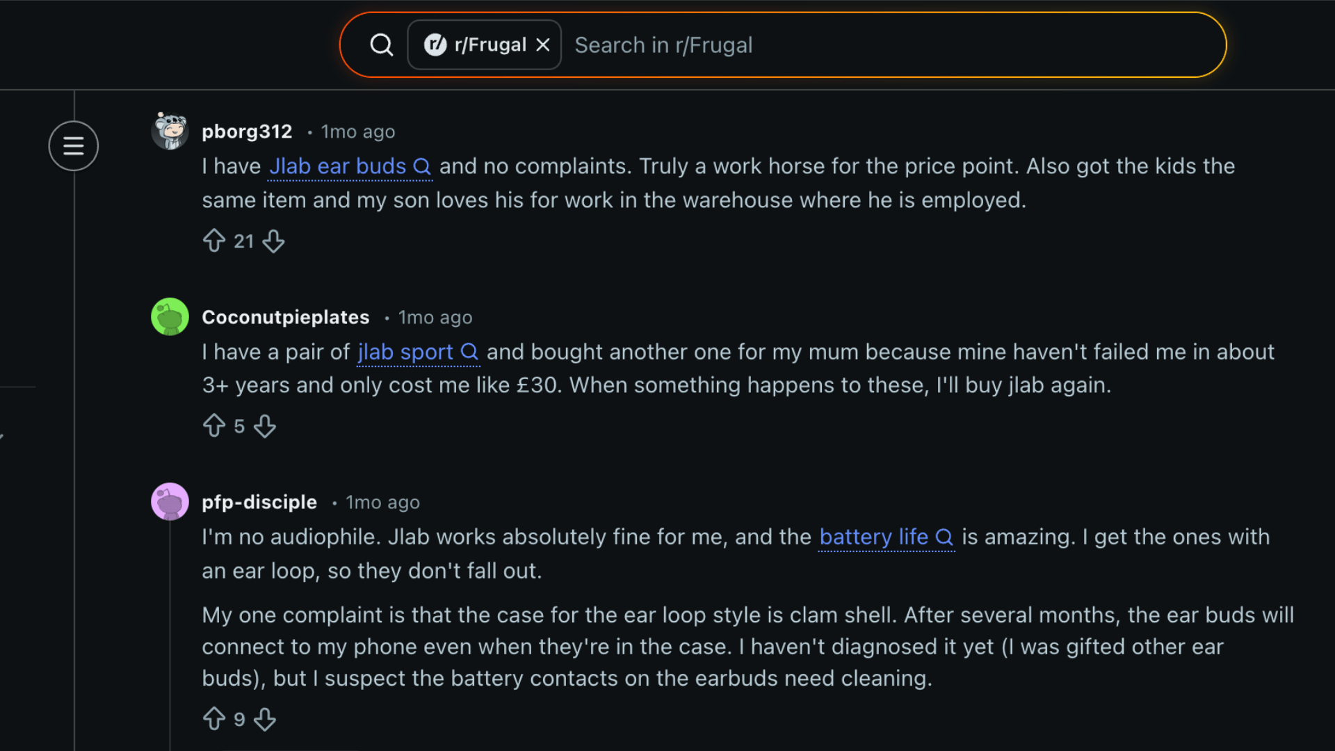 Reddit discussion thread showing user reviews and opinions about JLab earbuds performance and battery life